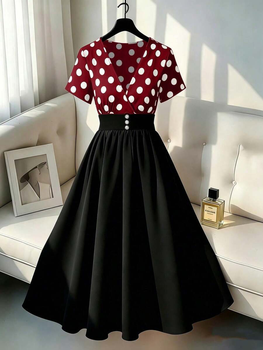 CURVE Vestido de talla grande elegante y de oficina con bloques de color, estampado de lunares y patchwork - Burdeos - Ver 1