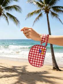 Red Plaid Cherry Embroidery Makeup Bag, Shell-Shaped Portable Toiletry Bag With Wrist Strap, Cute Summer Beauty Makeup Pouch, Suitable For Beach Travel - Multicolor - View 1