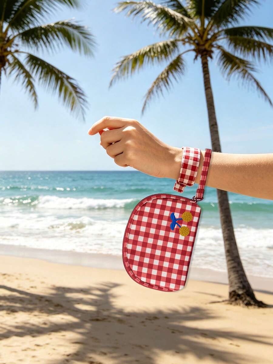 Red Plaid Cherry Embroidery Makeup Bag, Shell-Shaped Portable Toiletry Bag With Wrist Strap, Cute Summer Beauty Makeup Pouch, Suitable For Beach Travel - Multicolor - View 1