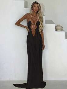 Y2K Fairycore Rhinestone Chain Halter Cutout Sheer Mesh Draped High Slit Maxi Dress (4 Colors) For Pool Party Vacation Festival Night Out - Negro - Ver 3