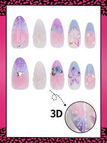 10pcs Medium Almond Shaped Press-On Nails, Summer 3D Flower Water Drop Pink Gradient French Nails, Purple Butterfly White Rhinestone Embellished, Suitable For Nail Salons, Girls And Women Daily Wear, Holiday Parties And Gifts - Multicolor - View 3