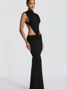 Y2K Sexy Side Cutout Mock Neck Sleeveless Ruched Waist Mermaid Maxi Dress For Club Parties & Formal Events - Negro - Ver 2