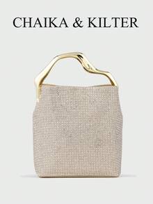 Rhinestone Embellished Mini Bucket Bag With Irregular Gold Handle, Sparkling Glitter Evening Handbag Clutch Purse For Party Wedding Prom Daily Outfit - Gold - View 1