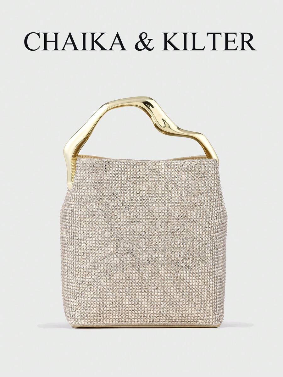 Rhinestone Embellished Mini Bucket Bag With Irregular Gold Handle, Sparkling Glitter Evening Handbag Clutch Purse For Party Wedding Prom Daily Outfit - Gold - View 1