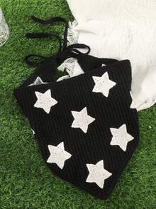 1pc Knitted Star Embroidery Triangle Headscarf For Women, Hair Wrap, Daily Travel Vacation Sun Protection Versatile Hair Accessory - Black - View 4
