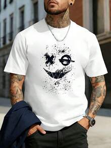 Men's Casual Street Style Splash Ink Abstract Edgy  Face Graphic Print T-Shirt, Summer Loose Fit Crew Neck Short Sleeve Comfortable Daily Outing Casual Top For Guys - Weiss - Übersicht 2