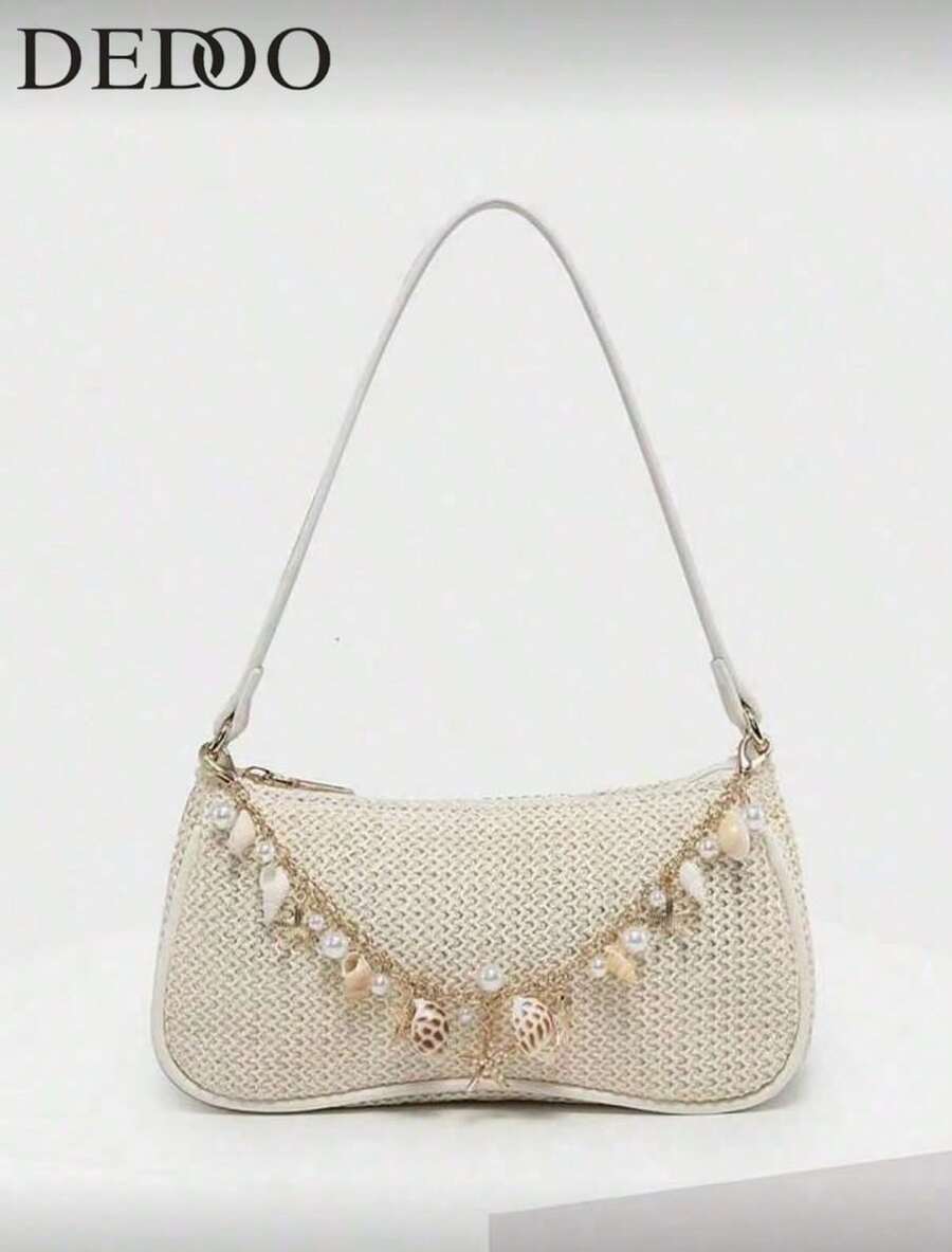 Novachic Woven Minimalist Style Shell & Starfish Decor Zipper Closure Shoulder Bag/Hobo Bag, Suitable For Daily And Holiday Use, Summer Beach Vibe (Natural Shell Accessories May Have Slight Damages During Shipping) - Màu be - Xem 1