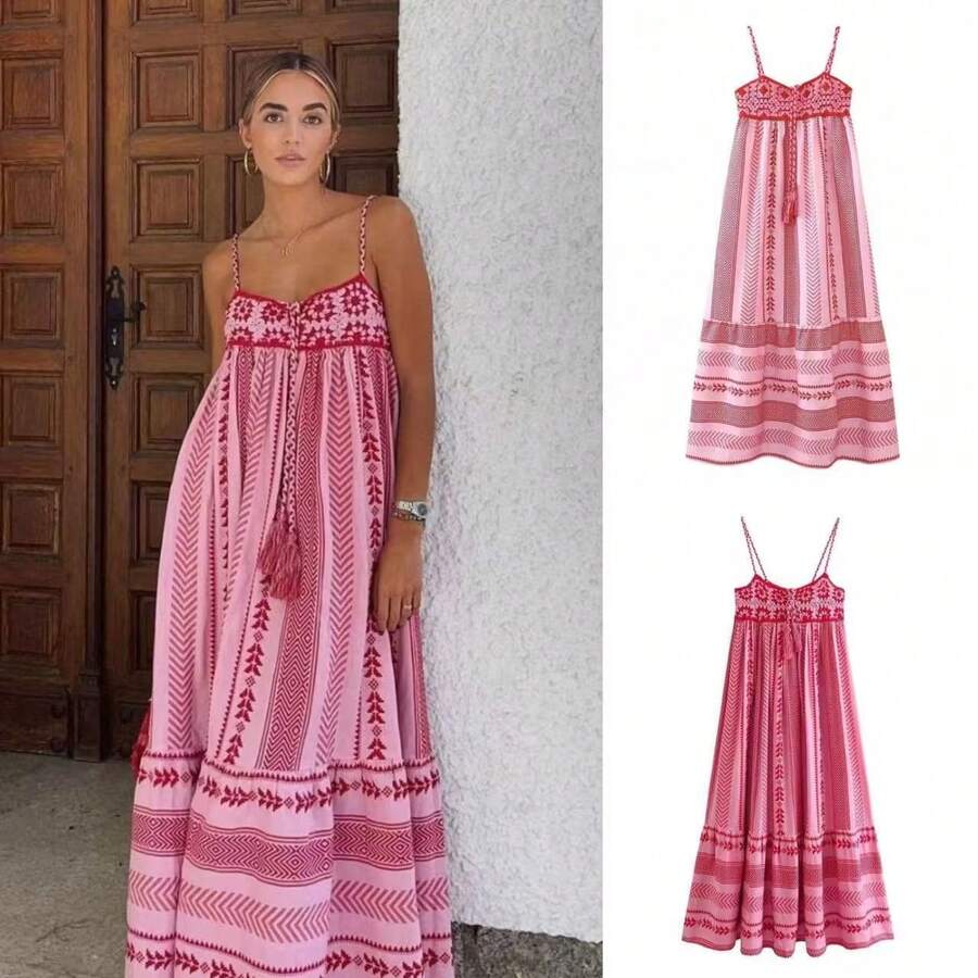 Women's Printed Patchwork Knitted Dress, Skirt, Suspender Dress