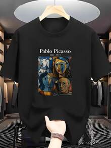 Bedrucktes Oberbekleidungs--T-Shirt, europäischer und amerikanischer Pablo-Picasso-Kunststil, Vier-Gitter-Patchwork-Muster-Design, modisches und vielseitiges weißes Kurzarm-T-Shirt, alltagstaugliches, lässiges Rundhals-Kurzarm-T-Shirt für Damen - Schwarz - Übersicht 1