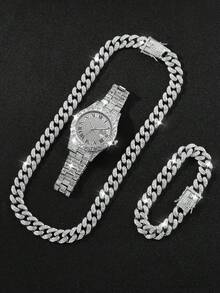 3pcs/Set Street Style Hip-Hop Cuban Necklace And Bracelet, Watch Set Quartz Strap Calendar Sports Holiday - Silver - View 6