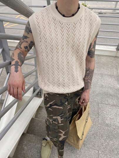 Men's Unisex Round Neck Knit Sleeveless Loose Casual Versatile Commuter Hollow Texture Top Spring Summer