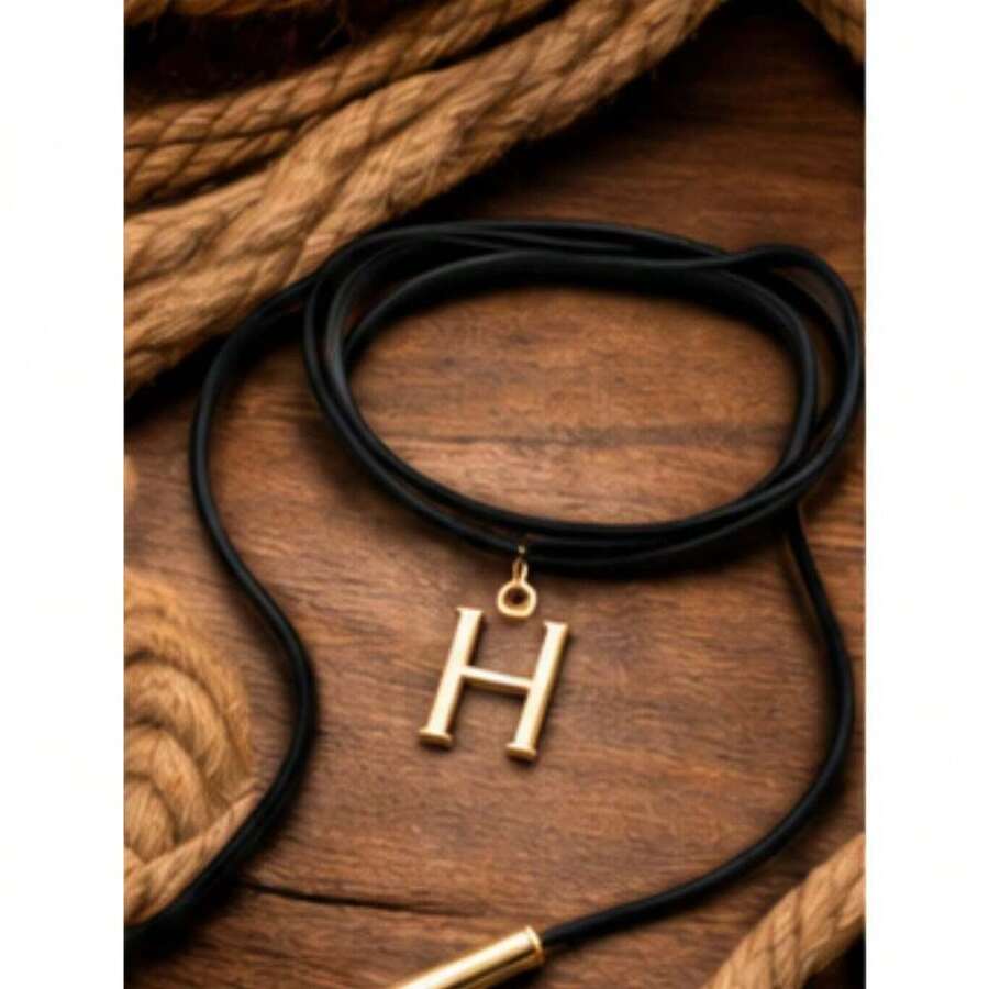 Leatherette Necklace With Personalized Letter, Gold Plated (N, Brown) - H - View 1