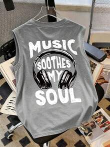 Camiseta de tirantes de cuello redondo con estampado de estilo musical y diseño de letras para niño preadolescente, nueva y cómoda para el verano - Gris - Ver 3
