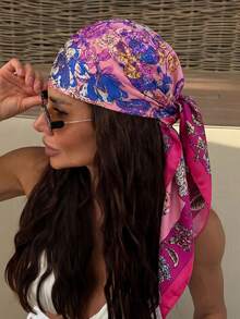 1PC Women's Casual Floral Print Scarf/Bandana, Bohemian Vacation Style, Silk Hair Accessory Wrap, Suitable For Summer Pool Parties, Beach Music Festivals, Street Style - Hot Pink - View 3