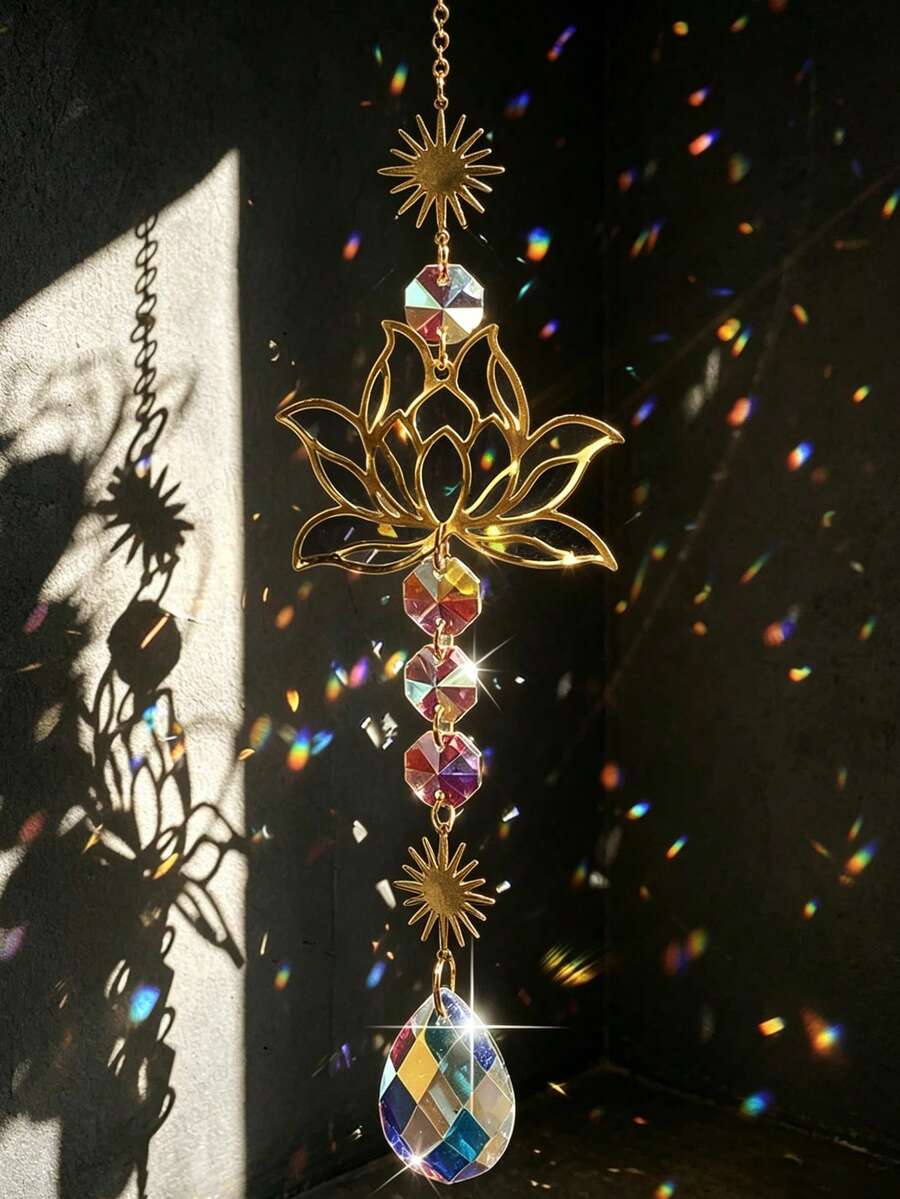 1pc Lotus Window Crystal Sun Catcher, Colorful Glass Hanging Ornament, Indoor Window Light Catcher, Garden Sun Room Decor - Multicolor - View 1