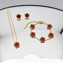 Bộ 3 món hoa tai, vòng tay và dây chuyền hoa 5 cánh hai mặt bằng thép không gỉ sáng bóng - Trang sức chống phai màu phù hợp cho nữ đeo - Bộ hoa năm cánh - Xem 6