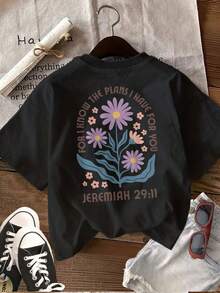 Minimalist. 100% Cotton. 1 Piece [Double-Sided Print]Women's Pure Cotton T-Shirt. Fresh And Simple Floral And Slogan Print. "I Know The Plans Jeremiah" Print. Casual, Crew Neck, Short Sleeve, Spring/Summer Top [Yang K]. Spring/Summer Top. - 黑色 - 查看 3