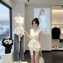 New Summer 2026 Collection: French Sweet Chiffon Blouse, Frilled Sleeves, Versatile Top With Ribbon - White - View 1