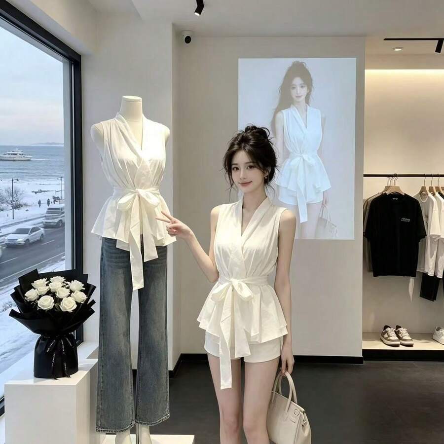 New Summer 2026 Collection: French Sweet Chiffon Blouse, Frilled Sleeves, Versatile Top With Ribbon - White - View 1