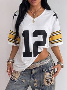 Y2K Punk Style #8 Red Print Cropped Football Jersey - White Loose V-Neck Streetwear Top World Cup 2026 - Multicolor - View 2