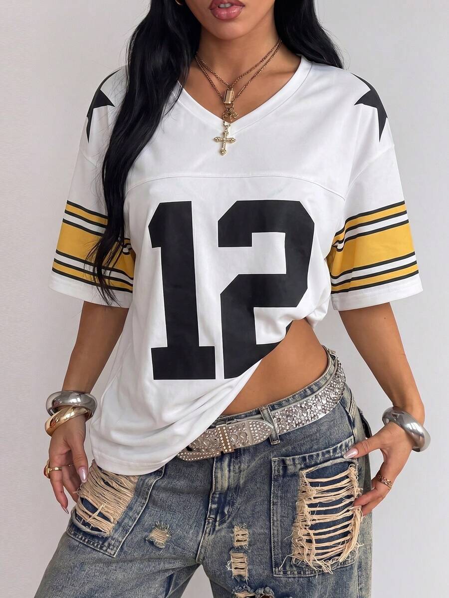 Y2K Punk Style #8 Red Print Cropped Football Jersey - White Loose V-Neck Streetwear Top World Cup 2026