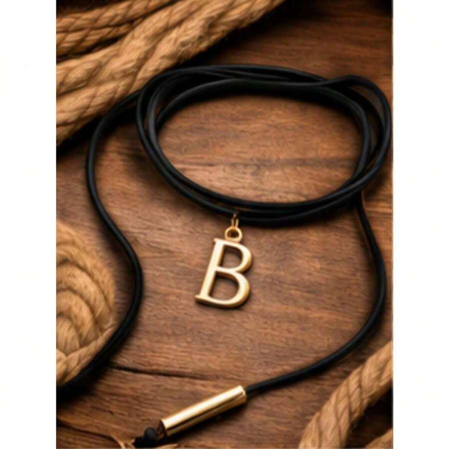 Leatherette Necklace With Personalized Letter, Gold Plated (N, Brown) - B - View 1