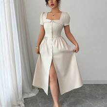 xuehuamaoyi02  Vestido de manga larga de primavera/verano con corte evasé, abertura en la falda, botones y cuello sin cuello con volantes, elegante para el trabajo - Granada - Ver 6