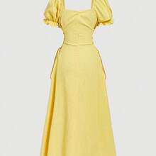 jianchaimaoyi02  MOD Vestido de manga abullonada de unicolor con cintura anudada y largo medio, amarillo - Blanco - Ver 6