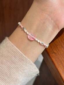 2pcs Ins Style Woven Hand Rope Pink & Blue Cat Pendant Bracelet, Gift For Couples And Besties - Light Pinkish Blue - View 5