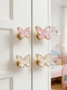 1pc Pink Shell Butterfly Drawer Handle For Kids Room, Gold Plated Single Hole Cabinet Knob, Decorative Small Pull Handle For Wardrobe, Dresser, Cabinet Door - Multicolor - View 2