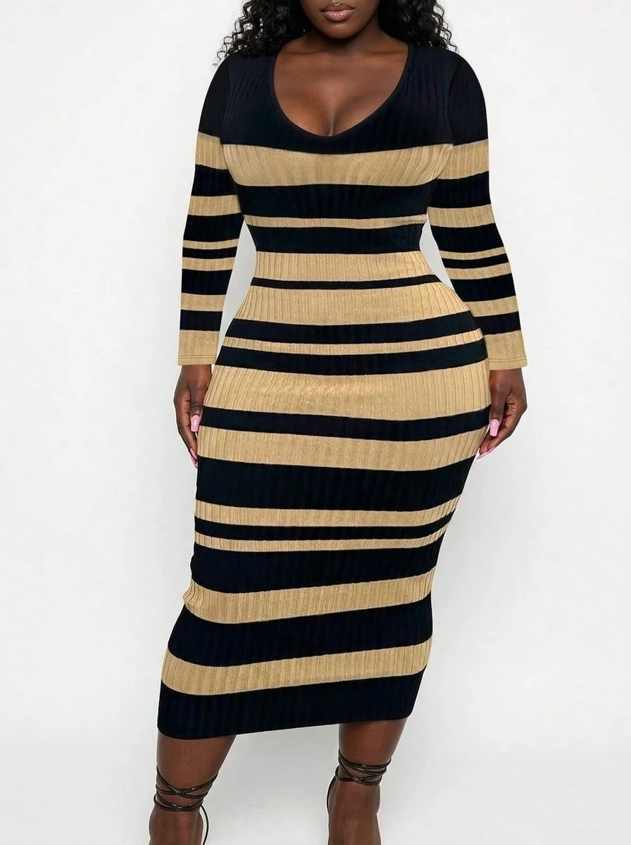 Blazique Damen Große Größen Frühling/Herbst Schlankheits-Gestreiftes Langarm Rippstrick Kleid, geeignet für täglichen Tragen und Zuhause, elegant und lässig - Aprikosenfarben - Übersicht 1