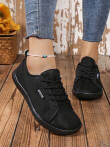 Women's Wide Fit Casual Sneakers, Front Lace-Up, Breathable Mesh & Solid Color Leather, Versatile Daily Wear - Black - View 3