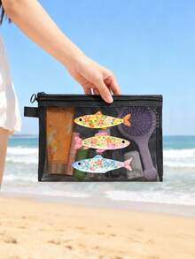 網格化妝包，學院風海灘魚紋，便攜式口紅與氣墊粉底化妝袋，透明盥洗用品收納旅行袋，透明護膚品收納袋，郵輪與宿舍必備，適用於浴室、客廳、臥室裝飾，適合存放珠寶、唇油、指甲油，送給伴娘、媽媽、朋友、老師的可愛禮物，生日禮物，居家收納，化妝盒，夏季海灘度假必備，輕巧防水 - 彩色 - 查看 2