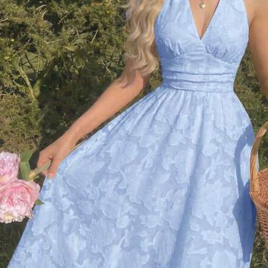 yonghongmaoyi1 MOD Vestido de gasa elegante de unicolor con cuello halter para mujer - Celeste - Ver 1