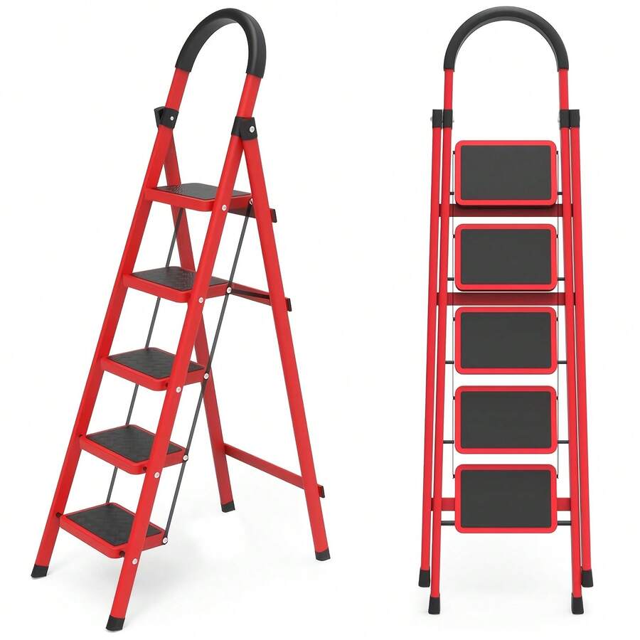 Heavy-Duty Five-Step Red Portable Folding Ladder, With A Weight Capacity Of 500 Pounds, Durable Metal Folding Ladder With Non-Slip Steps, Lightweight And Easy To Carry, Multi-Functional Ladder Suitable For Home And Kitchen, Sturdy Handle - 6 bậc thang màu đỏ - Xem 1