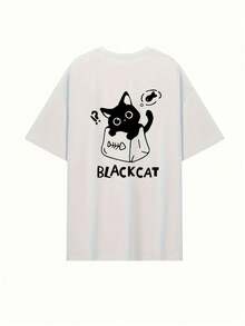 Women's Y2K-Inspired Short-Sleeve T-Shirt - Loose Fit, Cute Black Cat Print, Crew Neck, Casual Spring/Summer/Autumn T-Shirt, Fall Casual Wear | Y2K Fashion | Quality - 白色 - 查看 2