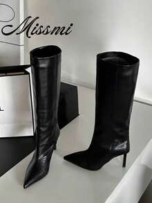 2025 Nouvelles bottes de cavalier mi-mollet à bout pointu et coupe slim, couleur kaki, chaussures pour femmes pour le printemps, l'automne et l'hiver, bottes hautes, bottes à talon bottillon, talons aiguilles - Noir - Voir 1