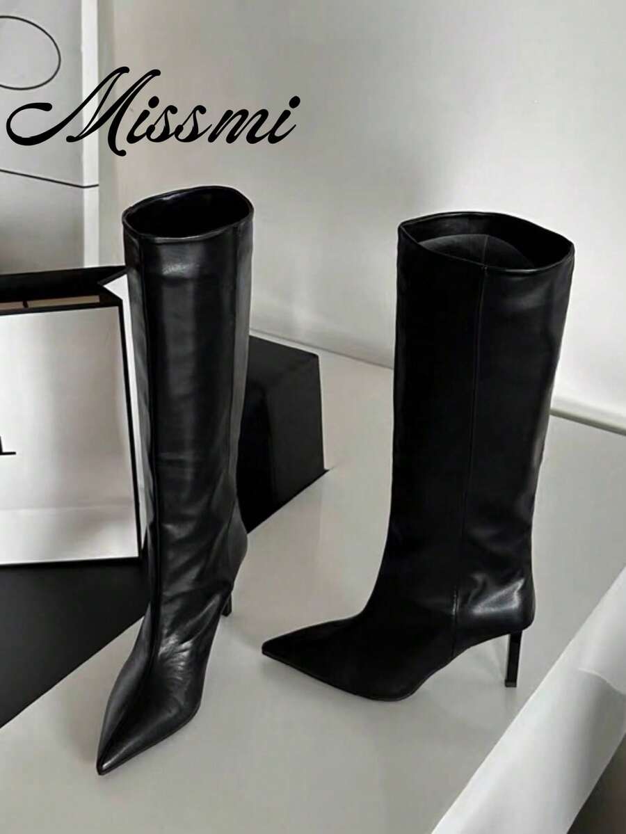 2025 Nouvelles bottes de cavalier mi-mollet à bout pointu et coupe slim, couleur kaki, chaussures pour femmes pour le printemps, l'automne et l'hiver, bottes hautes, bottes à talon bottillon, talons aiguilles - Noir - Voir 1