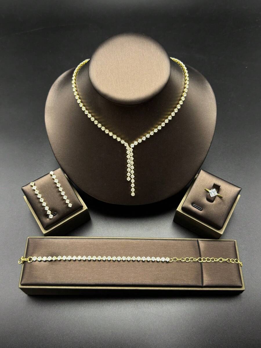 5pcs/Set Women's Fashion Luxury Rhombus Sparkling Crystal Zirconia Decorated Necklace, Earrings, Bracelet, Ring, Suitable For Bride, Wedding, Holiday, Vacation, Daily Commute, Party, Gift, Elegant, Glamorous, High-End Jewelry - Gold - View 1