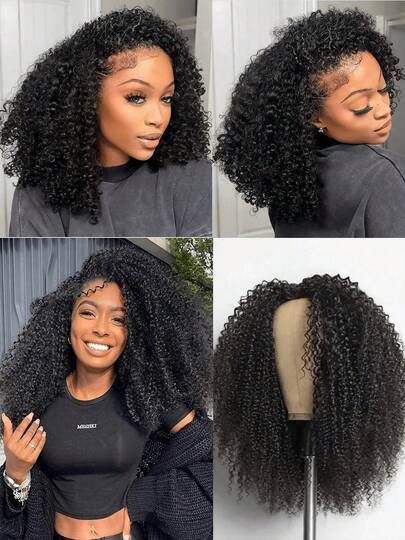 bling hair Halbperücke aus Echthaar, lockig, brasilianisches Echthaar, 3-in-1-Naht, umklappbares Haar, mit Kordelzug, 200 % Dichte, für Damen
