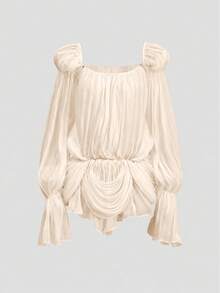 Blusas para mujer, Blusa de gasa con hombros descubiertos, Manga larga plisada con cintura elástica para playa, boda, vacaciones de verano - Albaricoque - Ver 6