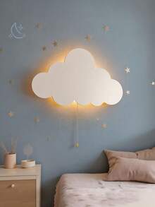 1pc Children's Bedroom Cloud Wall Light, Wooden Cloud Bedroom Battery Powered Hanging Cloud Night Light - White - View 2
