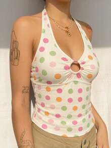 Women Cute Colorful Polka Dot Halter Top Y2K Fairy Grunge V-Neck Back Tie Tank Top Vintage Backless Slim Fit Crop Top Girls Cami Top Aesthetic Clothes - 彩色 - 查看 5