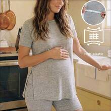 Slowluna Set de 2 piezas de top de manga corta con abertura lateral y shorts casuales y minimalistas para maternidad, para verano - Gris - Ver 2