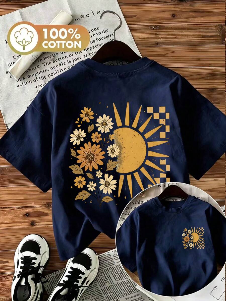Damen Herbst 100% Baumwolle Oversized Kurzarm Rundhals T-Shirt mit Boho Blumen Sonnen Muster für Mode Lässig, Outdoor, Y2K, Streetwear - Marineblau- - Übersicht 1