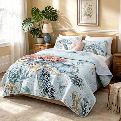 3 Piece Boho Light Blue Sea Turtle Printed Full/Queen Quilt Sets, Marine Organisms, Sea Fish, Coral Reversible Lightweight Bedspread Coverlet With 1/2 Pillowshams Leaves Microfiber Bedding Set For All Season, Twin:2pcs, Full/Queen/Cal King: 3Pcs, Room Decor, Machine Washable