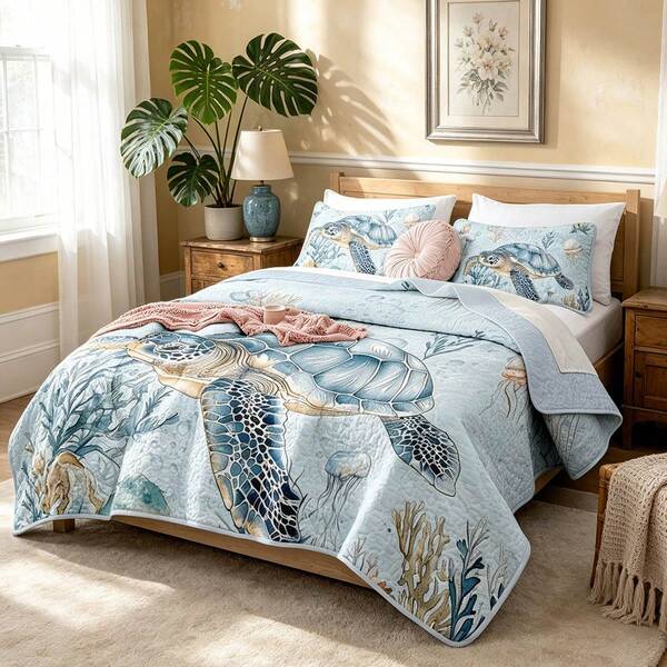 3 Piece Boho Light Blue Sea Turtle Printed Full/Queen Quilt Sets, Marine Organisms, Sea Fish, Coral Reversible Lightweight Bedspread Coverlet With 1/2 Pillowshams Leaves Microfiber Bedding Set For All Season, Twin:2pcs, Full/Queen/Cal King: 3Pcs, Room Decor, Machine Washable