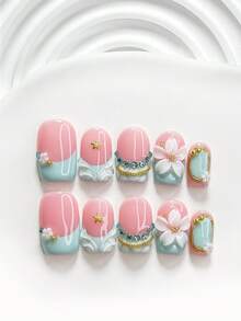 10pcs Jewelry Style Embossed Handmade Press-On Nails Set, Five-Petal Flower Design, Green Nail Polish, Elegant Style, Includes Nail Tools, 3 Sizes Available, Square/Short Square/Almond Shape, Suitable For Party, Dancing, Daily Wear - Multicolor - View 16