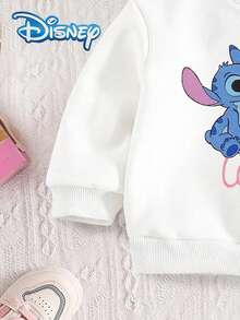 2Pcs Disney Autumn/Winter Baby Girl Newborn Stitch Cute Long Sleeve Sweatshirt & Long Pants Set With Stitch & Angel Cute Cartoon Pattern, Slight Stretch, Suitable For Baby Newborn Daily Wear, Great Gift - White - View 5