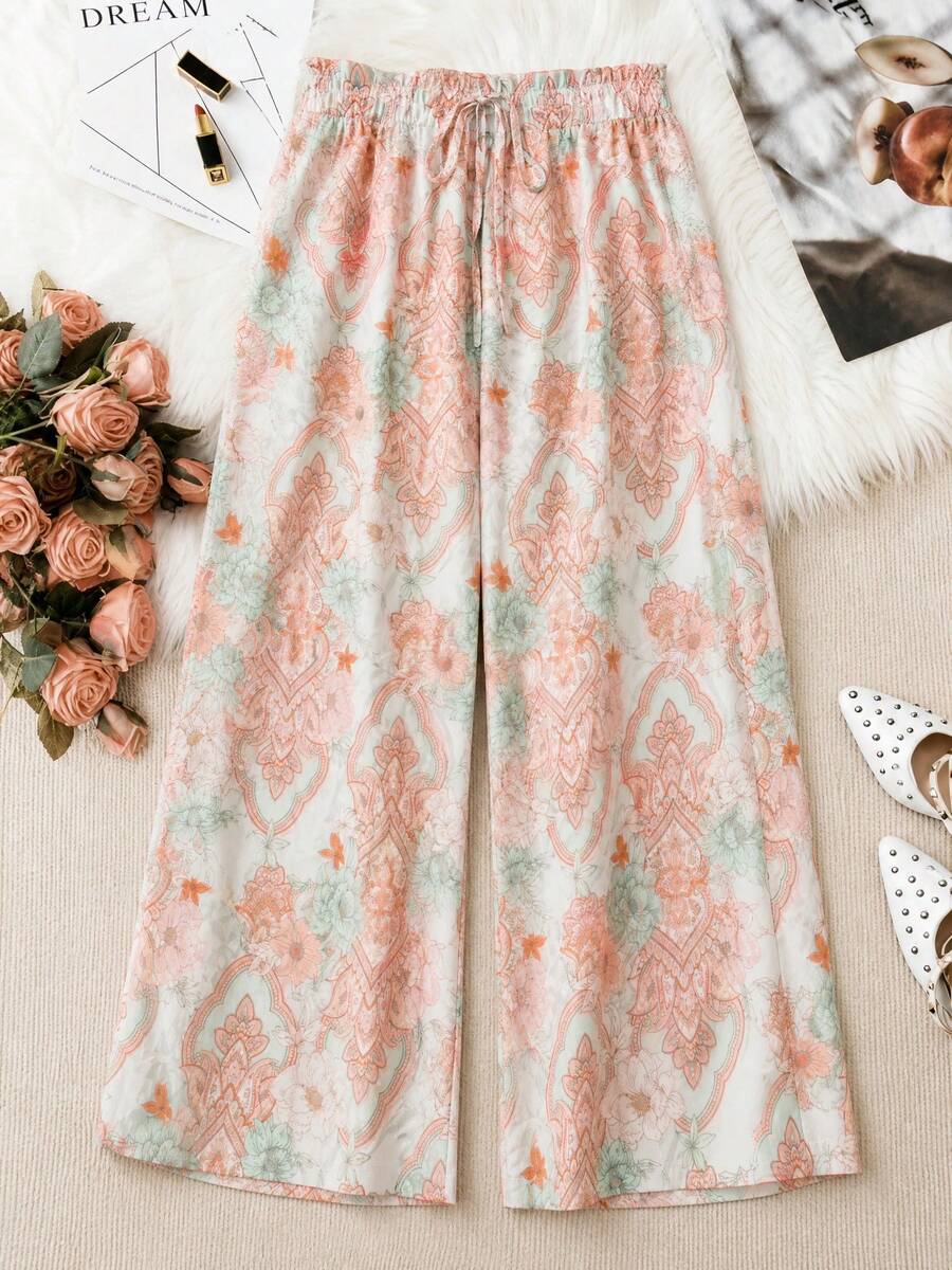 Elegant Bohemian Style Paisley Print Wide Leg Pants, Long Length For Plus Size Women, With Faux Drawstring Vacation - Mint Green - View 1